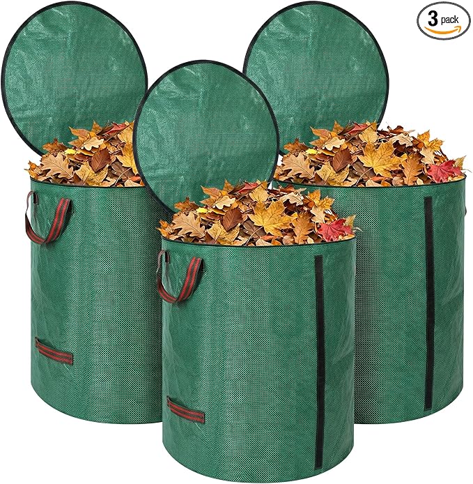 Reusable Leaf Bags 72 Gallon 3 Pack, Heavy Duty Lawn Bags with Lid & Dual Side Support Rods Reusable Yard Waste Bags with Handles Garden Leaf Collector Bag Yard Waste Bin