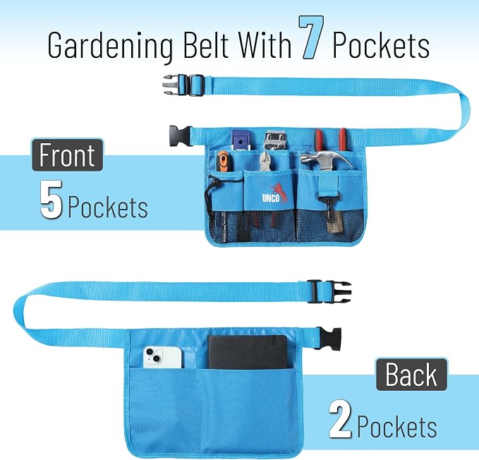 UNCO- Adjustable Gardening Belt, Blue, 5 Pockets, Wear, Cut and Water Resistant, Garden Tool Belt Pouch, Waist Apron with Pockets