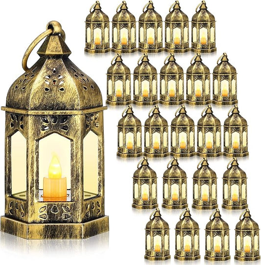 Hortsun 24 Pcs Vintage Lanterns Mini Lantern for Wedding Table Centerpiece Retro Decor with LED Candle Battery Powered Hanging for Medieval Wedding Cowboy Halloween Party Decoration Supplies(Gold)