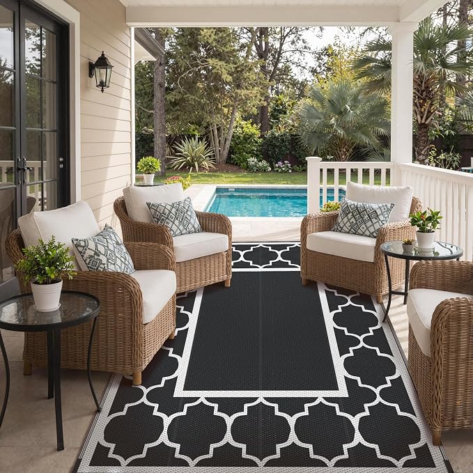 GENIMO 6' x 9' Outdoor Rug Waterproof for Patio Decor, Foldable Reversible Plastic Straw Area Rugs Mat for Camper, Morden Carpet for Outside, Rv, Deck, Porch, Picnic, Beach, Balcony, Black & White