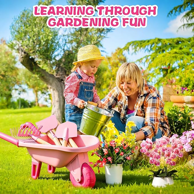 Kids Gardening Tools Set with Wheelbarrow, Wooden & Metal Outdoor Gardening Toys for Summer Outdoor Yard Digging & Weeding, Easter Birthday Gifts for Boys Girls Age 3+ Years (Pink)