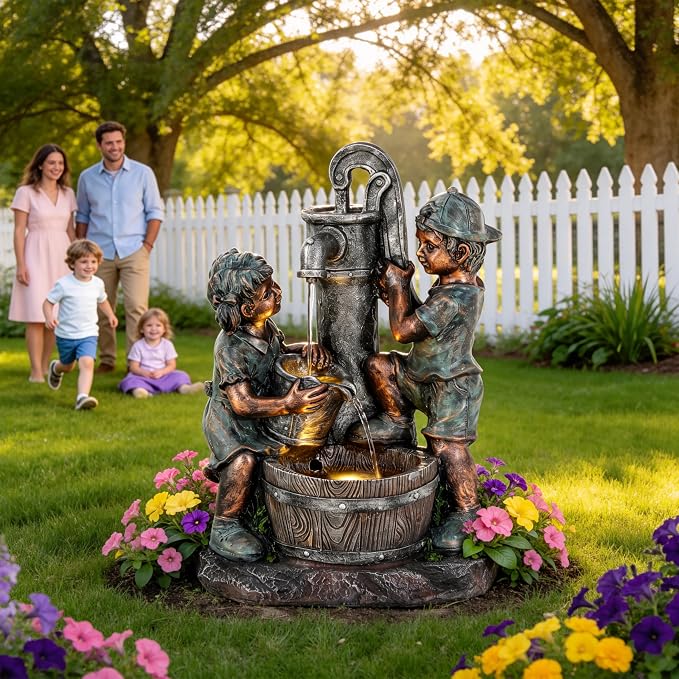26" Outdoor Fountain, 3-Tier Boy-Girl Playing with Faucet Water Feature with LED Lights, Antique Resin Soothing Cascading Waterfall for Patio, Backyard, Garden or Porch