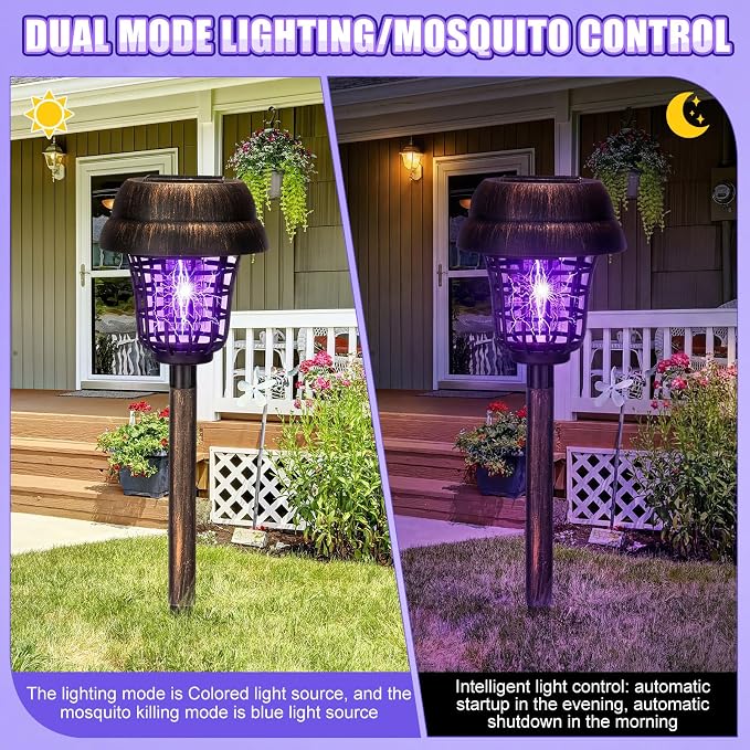 Qualirey 12 Pcs Solar Mosquito Zapper Outdoor Waterproof Solar Powered Bug Zapper Outdoor Mosquito Killer Lamp Trap Repellent Light for Garden Yard Insect (Purple and Colorful Light,Bronze)