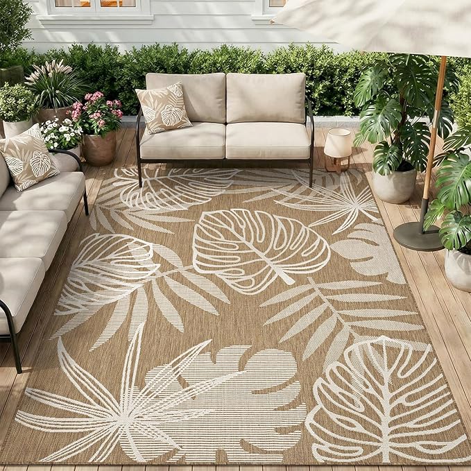 MontVoo-Outdoor Rug-Patio Rug 6x9 ft Polypropylene Indoor Outdoor Rugs Outdoor Carpet for Patio Deck Balcony Porch, Textured Weave, Durable for High Traffic, Fade-Resistant, Tropical Neutral Brown