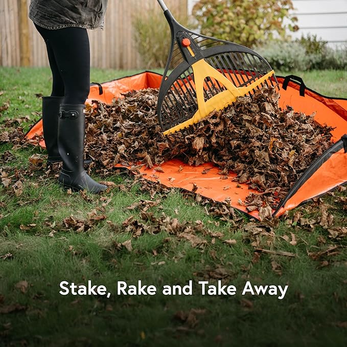 Leaf Tarp for Fast Yard Cleanup –Leaf Collection Tarp with 6 Handles & Ground Stakes – Lawn Leaf Bag for Raking, Garden Debris & Yard Waste Removal, Wind Proof, 5’ x 7’ Large Capacity