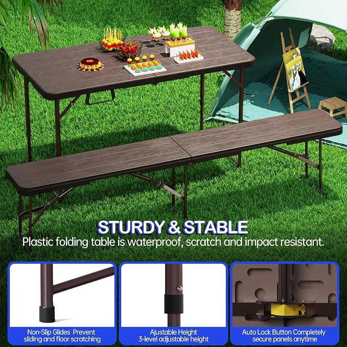 VSOAEIL Set of 2 Folding Table 4 Foot for Indoor Outdoor, Portable Heavy Duty Fold-in-Half Utility Small Plastic Adjustable Height Folding with Carrying Handle for Picnic and Party, 2 Pack Brown
