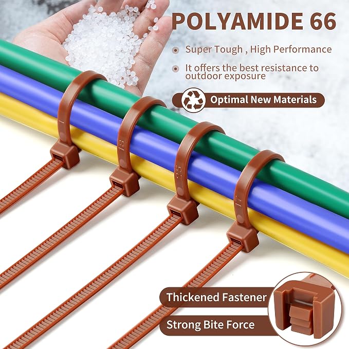 200pcs Brown Zip Ties, 12+10+8+4 Inch Heavy Duty Cable Ties with 55-22lb Strength, PA66 Self-Locking Nylon Wire Ties for Christmas Farming Fence Garden Trellis, UV Resistant