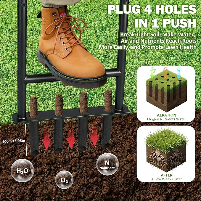 Manual Lawn Aerator Tool, Heavy Duty Detachable Iron Grass Aerator with Root Weeder, Reducing Soil Compaction, Yard Aeration Tool for Garden & Lawn Care