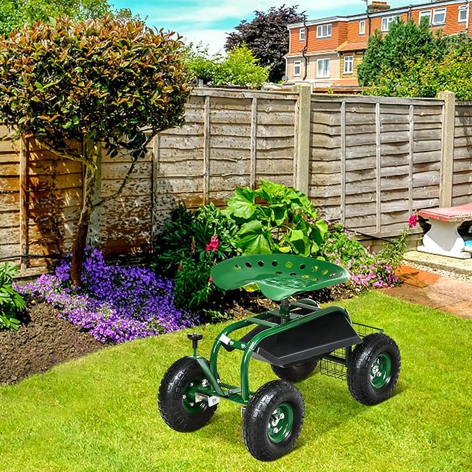 Giantex Garden Cart with Seat, Rolling Garden Seat with Wheels, Tools Basket, 360 Swivel Gardening Workseat, Adjustable Height, Wagon Scooter for Patio Lawn Yard, Outdoor Steerable Stool (Green)