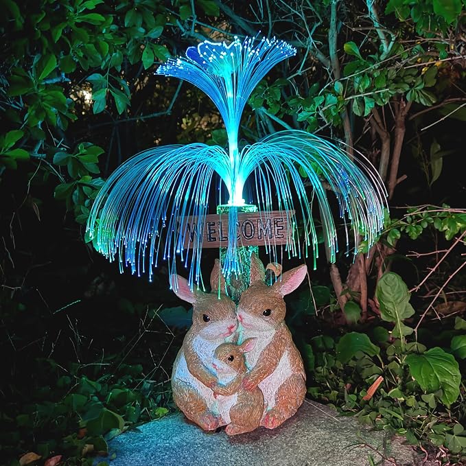 Solar Rabbit Garden Statues,Resin Rabbit Family Figurine with Welcome Card and 7-Color Changing Optical Fiber with Solar Lights, Lawn Decor Outdoor Statue for Patio,Balcony,Yard,Lawn