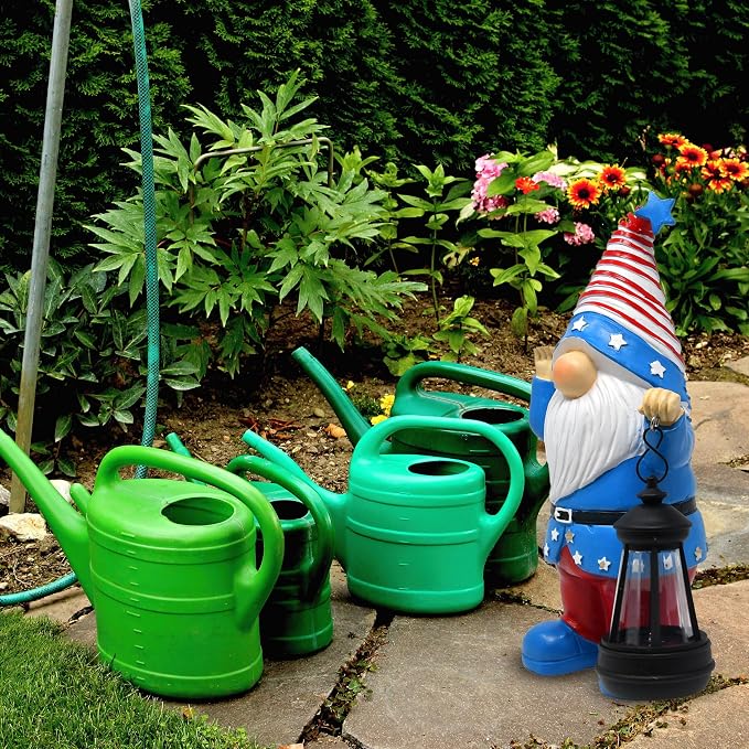 Gift Boutique Patriotic Gnome Decor with Lantern Red White Blue Garden Statue 11in Tall Indoor Outdoor Holiday Yard Decoration Memorial Day 4th of July Porch Accent