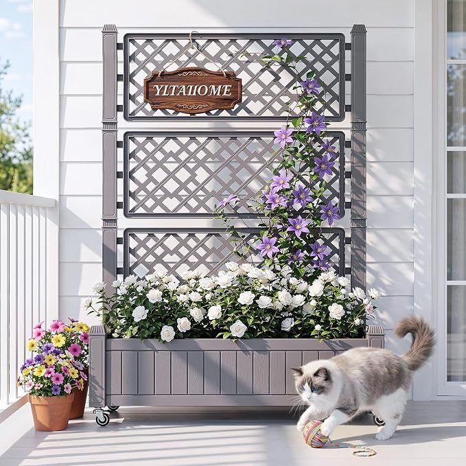 YITAHOME 42.5x14.2x61 in Planter Box with Trellis/Outdoor Privacy Screen, All-Weather Raised Garden Bed with Wheels & Drain Plug for Climbing Plants Flowers Herbs, Brown