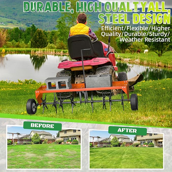 PPOLB 48" Lawn Aerator Tow Behind, Plug Aerator Tow Behind with Universal Hich, Orange Painted Galvanized Steel with Tray and Inflatable Wheels, Pull Behind Aerator for Garden, Farm and Lawn
