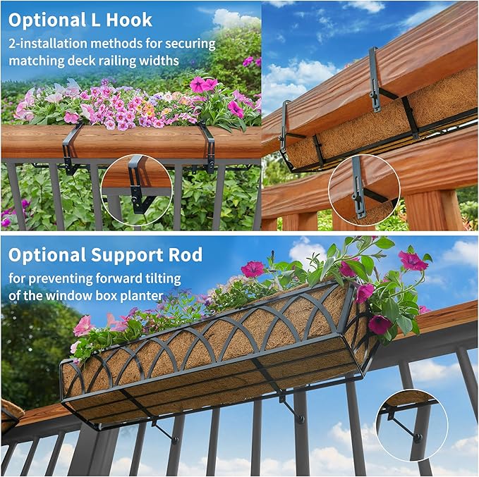 Y&M 2 Pack Hanging Railing Planter Boxes, 30 Inch Adjustable Balcony & Deck Planter, Heavy Duty Metal Flower Box for Porch, Fence & Window, Outdoor Plant Holder