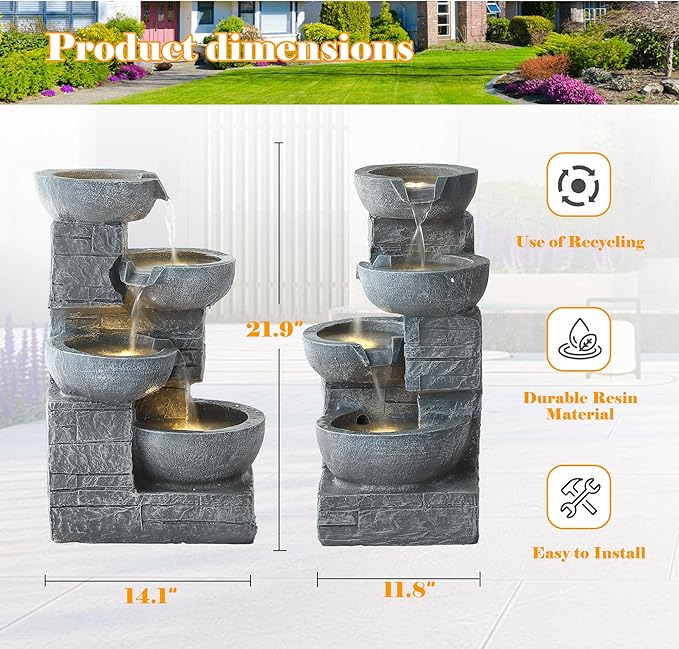 4-Tier Outdoor Garden Water Fountain, 22" H Modern Resin Cascading Bowls Fountain with LEDs and Pump, Freestanding Fountains and Waterfalls for Yard, Porch and Patio Indoor Decor (Grey)