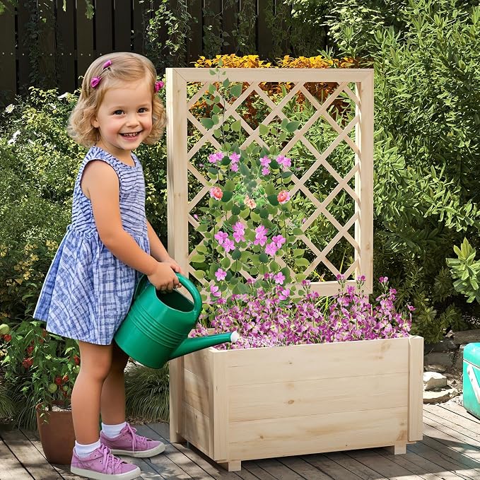 Giantex Set of 2 Raised Garden Bed with Trellis, Drainage Hole, Wood Elevated Planter Box for Climbing Vine Flower Herb Vegetable Fruit, for Indoor Outdoor Patio Balcony (23”x14”x40”)