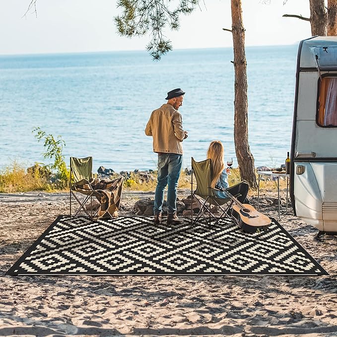 GENIMO 5'x8' Outdoor Rug Waterproof, Reversible Mats, Area Rug, Plastic Outside Carpet, Geometric Rv Mat for Patio Camping Rv Picnic Backyard Deck Balcony Porch Beach Trailer (Black & Beige)