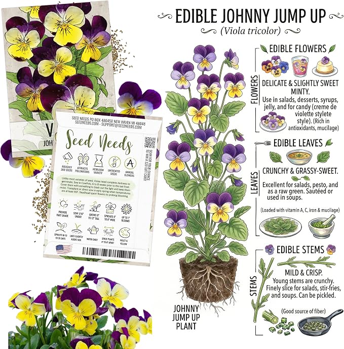 Seed Needs Edible Wildflower Seed Packet Collection (7 Varieties of Flower Seed for Planting) Non-GMO Heirloom & Untreated - Includes Viola, Pansies, Chives, Borage, Calendula, Nasturtium & Bee Balm