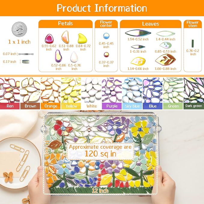 LOTOFUN Mosaic Tiles for Stepping Stones: Ceramic Iridescent 610g Mosaic Tiles for Crafts Bulk with Petals Centers Leaves Stem Decorative Flower Mosaic Supplies for DIY Garden Decor Mother’s Gift