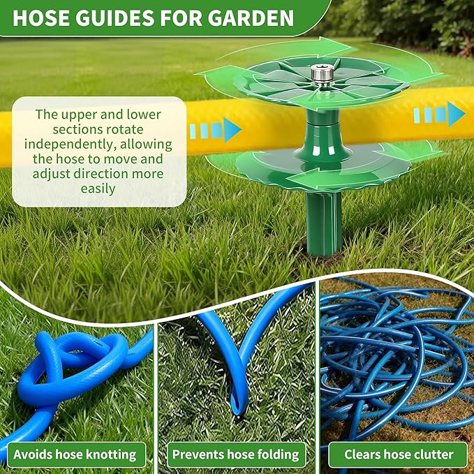 4 Pack 10 Inch Garden Hose Guide Stakes, Upgraded Reinforced Disc, Rotatable Double-Disk Sun Protection Heavy-Duty Plastic Stake, Hose Guard for Yard, Lawn & Flower Bed Landscaping(Green 4Pcs)