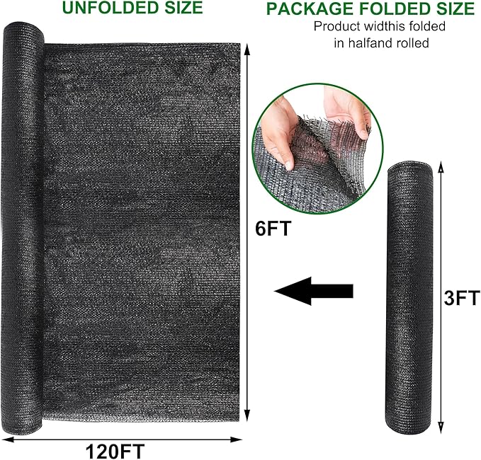 winemana 6x120 FT Outdoor Shade Cloth for Garden & Plants - 50% Large Black Mesh Tarp, UV Resistant Woven Shade Fabric for Greenhouse Farm Row Cover Vegetables Sun Protection Poultry Run