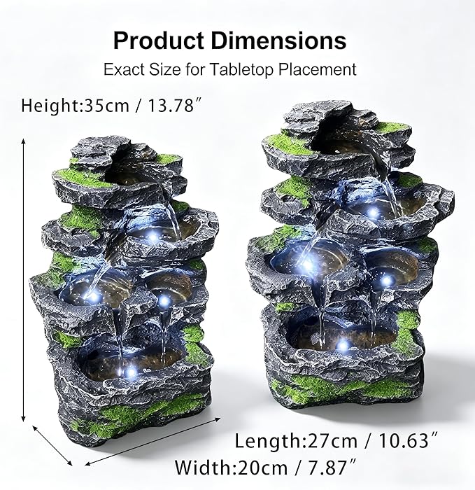 5-Tier Cascading Rock Water Fountain with White LED Lights, Modern Art Design Resin Waterfall Natural Stone Look for Table, Garden, Patio, Backyard, Porch and Home Decor (13.78" H)