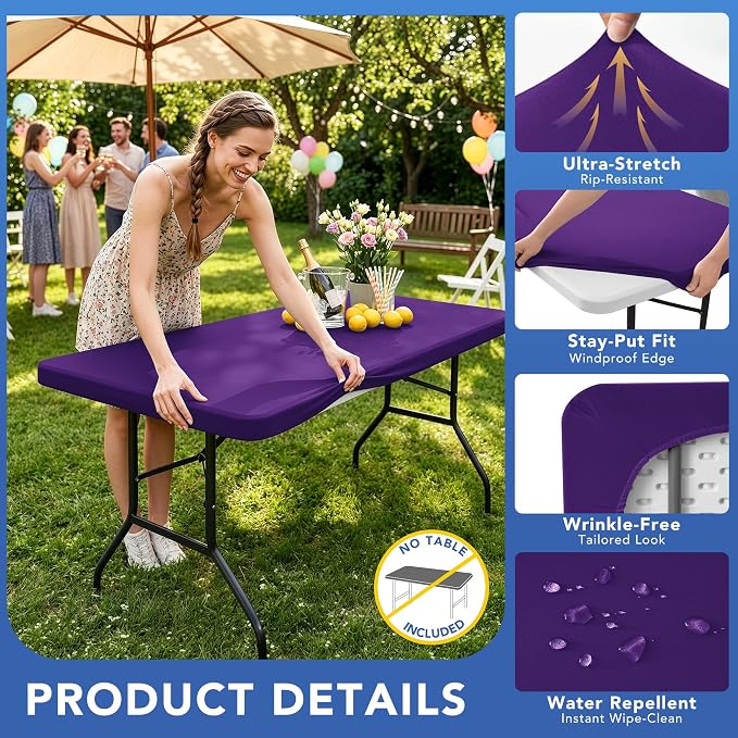 Fitted Tablecloth for 8 foot Rectangle Table-6 Pack Dark Purple Elastic Outdoor Picnic Table Cover-Spandex Stretch Folding Tablecloths 8ft for Camping Dining Room Patio Kitchen Banquet Party
