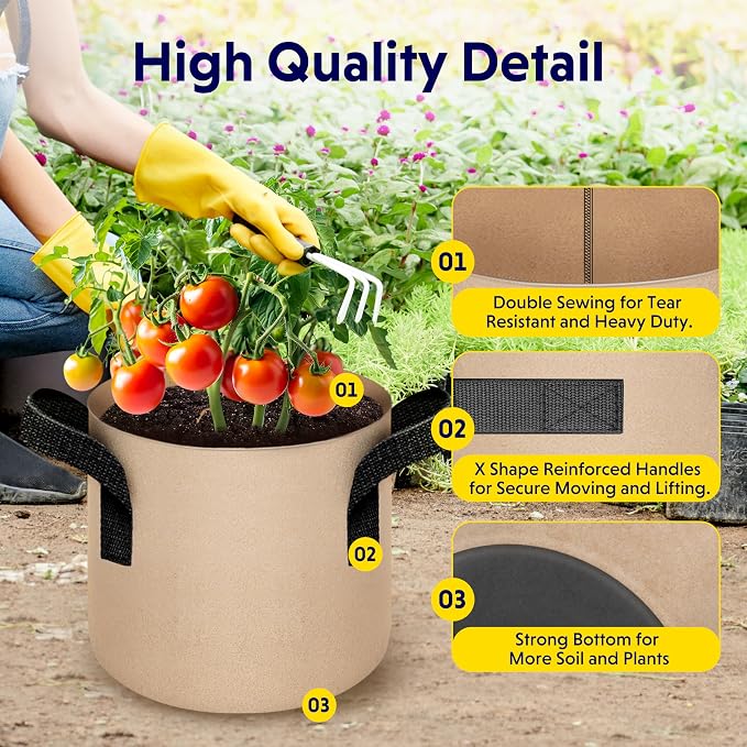 iPower 5-Pack 2 Gallon Plant Grow Bags Thickened Nonwoven Aeration Fabric Pots Heavy Duty Durable Container, Strap Handles for Garden, Tan