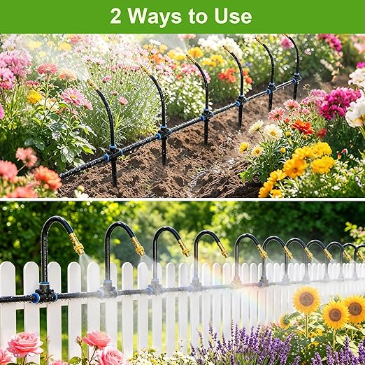 Thiswing 100 FT 360° Adjustable Irrigation System for Garden with Stake Holders – 1/4" Tubing, 16 Nozzles, Automatic Watering Misting System, Sprinkler for Garden, Raised Bed, Lawn, Plants