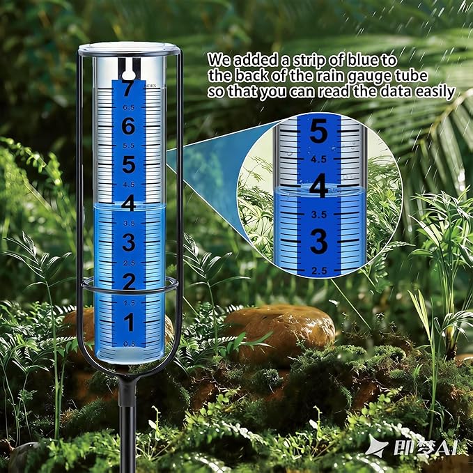 Rain Gauge Upgrade, 7" Freeze-Proof Rain Gauge Outdoor Best Rated, Large Clear Numbers and Adjustable Height - Stylish and Practical Rain Measuring Tool for Garden, Lawn, Patio