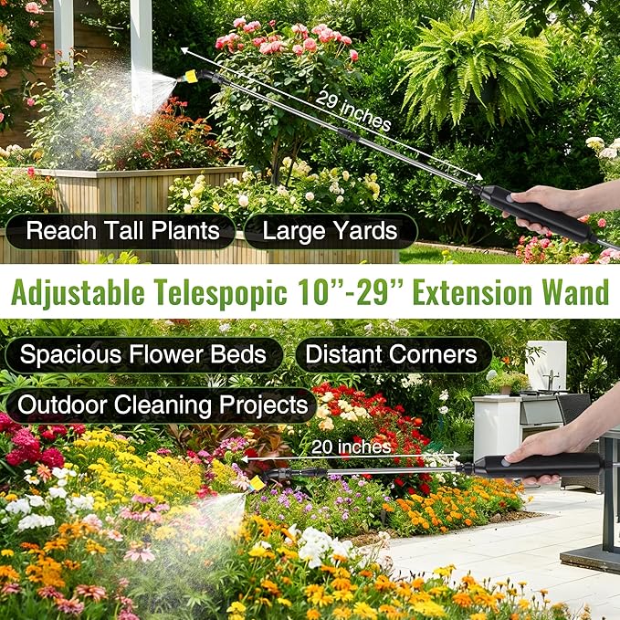 Battery Powered Sprayer Wand, 32 FT Hose, 32 Inch Electric Pump Sprayer with 3 Adjustable Speeds, Battery Indicator, Rechargeable Garden Sprayers for Plant Watering, Cleaning & Outdoor Use