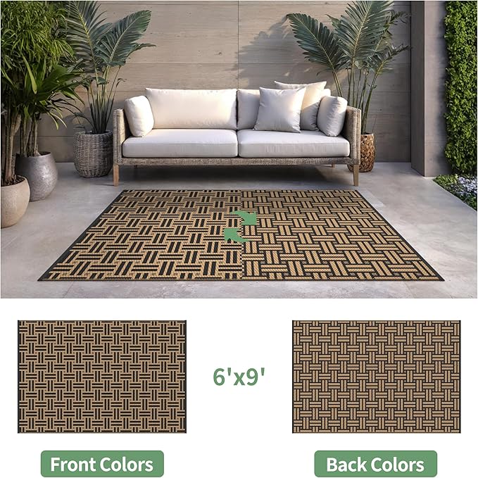 GENIMO Outdoor Rug for Patio Clearance, 6'x9' Reversible Geometric Plastic Straw Rugs, Lightweight Waterproof RV Camping Mat for Camper, Balcony, Deck, Backyard, Picnic, Black Brown