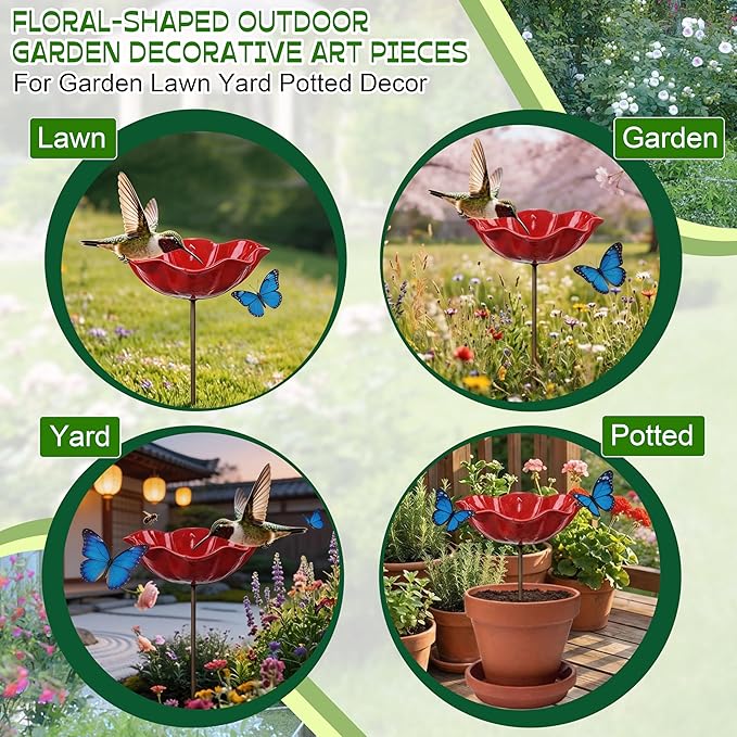 Handmade Metal Flower Garden Stake with Bird Bath & pollinator Water Station, Bee Bath for Garden Metal Bee Water Feeder with Flower Design for Outdoor Yard Decor (2 PCS)