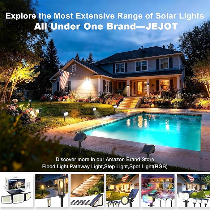 JEJOT Solar Security Light Outdoor,Solar Flood Light with Active Motion Sensor,3 Heads 270° Wide Angle,Remote Control,IP65 Waterproof, 3 Modes (2 Packs)