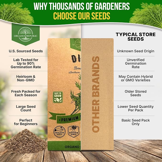 Organo Republic Dill Bouquet Seeds Pack 5 G - Over 1,400 Non-GMO Heirloom Dill Seeds for Planting Herbs in Individual Seed Packet, Herbs Seeds for Planting Home Garden Indoor & Outdoor Gardening