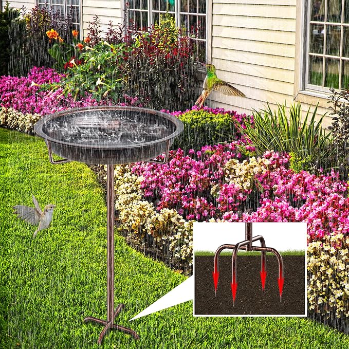 Metal Bird Bath for Outside Garden Birdbath Bowl, 36.2" Height Freestanding Bird Feeders for Outdoors with 4 Prongs Base Stake, Standing Birdfeeders for Yard Lawn Decor (Retro Copper)