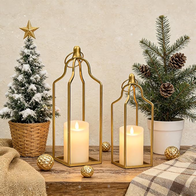 Rustic Farmhouse Decor Metal Lantern Set of 2 Decorative Lanterns for Home Indoor Outdoor Living Room, Fireplace, Patio, Wedding & Kitchen Table Centerpieces (Glod, 14.5" 12.2")