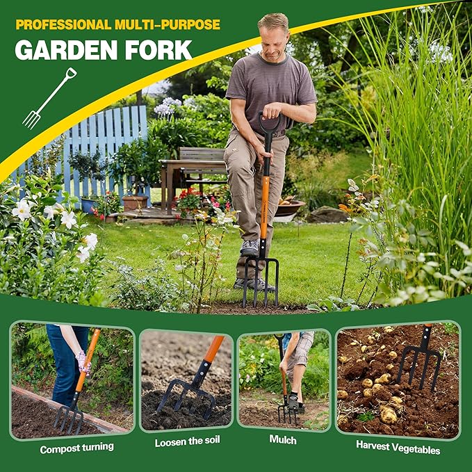 Pitch Fork for Garden, 4-Tines Garden Fork, 45-Inch Spading Fork, Heavy Duty Compost Digging Fork with Steel Handle and Enhanced D-handle, Orange