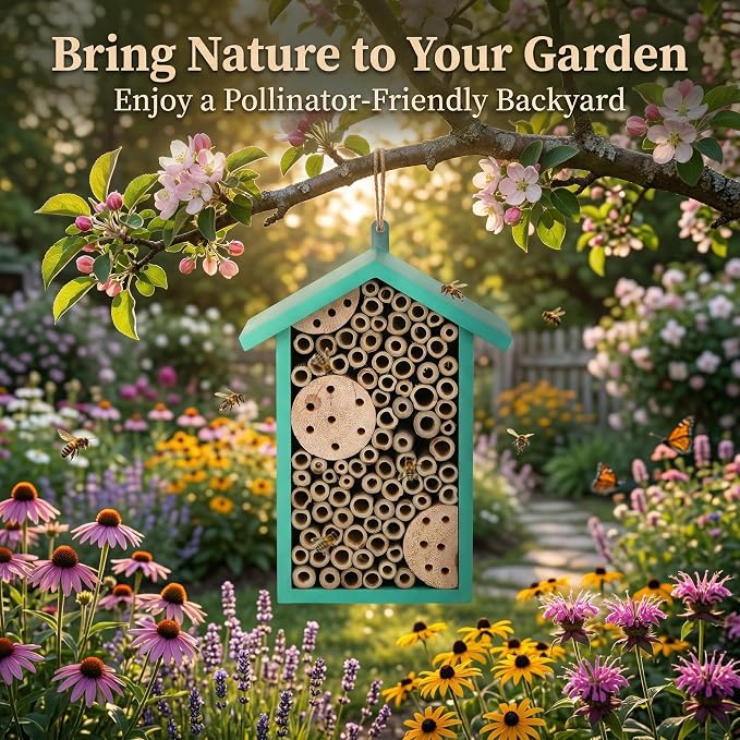 Topadorn Insect Habitat Wall Mounted Bee House Natural Bamboo Tube Bee Hotel with Metal Hanging for Outdoor Garden or Yard Bee House Attracts Many Types of Bees,Green