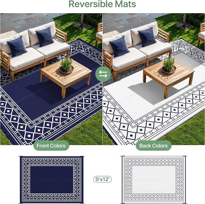 GENIMO Outdoor Rug Waterproof for Patio Decor, 9'x12' Foldable Reversible Plastic Straw Carpet for Travel Trailers, Outside Area Mat for Rv, Deck, Picnic, Porch, Camper, Balcony, Beach, Blue & White