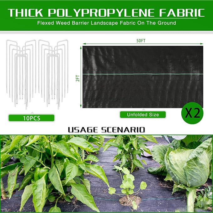 2FT x 100FT Weed Barrier Landscape Fabric Heavy Duty, 3.2oz Premium Gardening Weed Control Mat with 10 U-Shaped Securing Pegs, Ground Cover for Garden Beds, Farming, Underlayment, Commercial Driveway