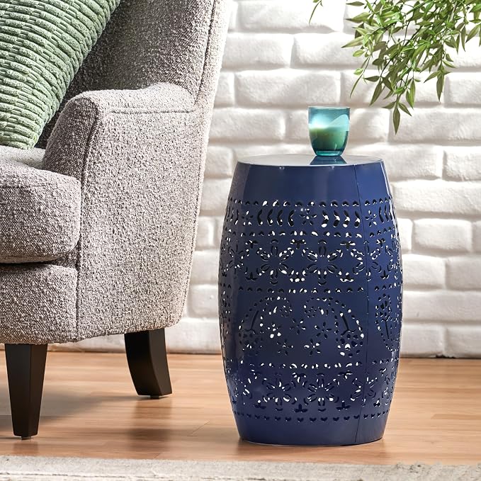 Outdoor 12" Iron Side Table, Outdoor Side Tables End Tables, Anti-Rust Metal Round Hollow Drum Garden Stool Plant Stand Indoor Iron Accent Table for Patio Deck Porch Living Room Bedroom