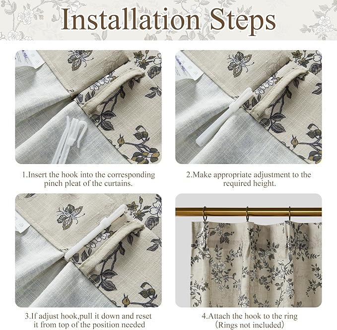 StangH Cottage Floral Tier Curtains 24 inches, Natural Linen Pinch Pleat Butterfly Cafe Curtains, Light Filtering Privacy Drapes for Kitchen/Bathroom, W26 x L24, Porcelain, 2 Panels