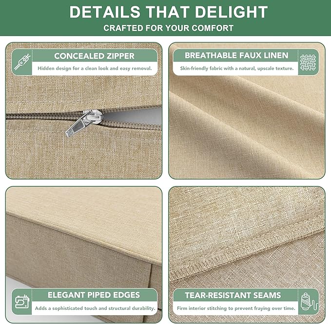 Summsun Outdoor Chair Cushions Set of 2, Faux Linen Patio Furniture Cushions, Water Resistant Backrest and Deep Seat Cushion Set with Ties, Removable Cover, Non-Slip Bottom, 24 x 24 Inch, Nature