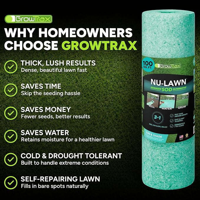 Growtrax Biodegradable Grass Seed Mat - 100 sqft Year Round Green - Grass Seed and for Lawns, Dog Patches & Shade - Just Roll, Water & Grow - No Fake or Artificial Grass