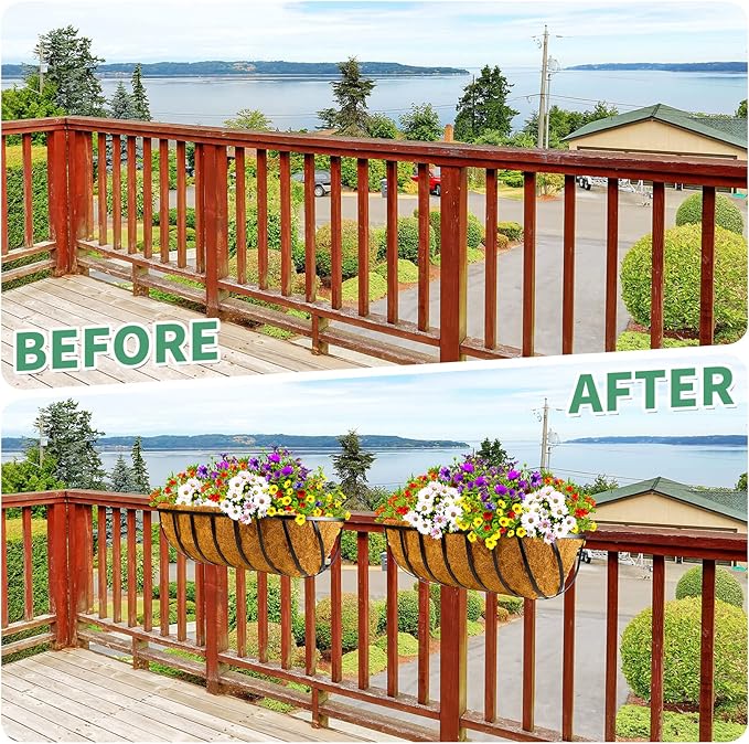 Tessco for you 3 Pieces Railing Planter Boxes, 24 Inches Window Box Planters with Coco Liner and Adjustable Brackets for Deck Porch Fence Patio Balcony Gardening Outdoor Plants