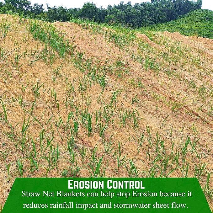 Farm Plastic Supply - Erosion Control Blanket - Straw Garden and Landscape Cover, Erosion Control Blanket, Straw Blanket, Erosion Control, Mulch, Slope Stabilizer, and Seed Protector (8' x 112.5')