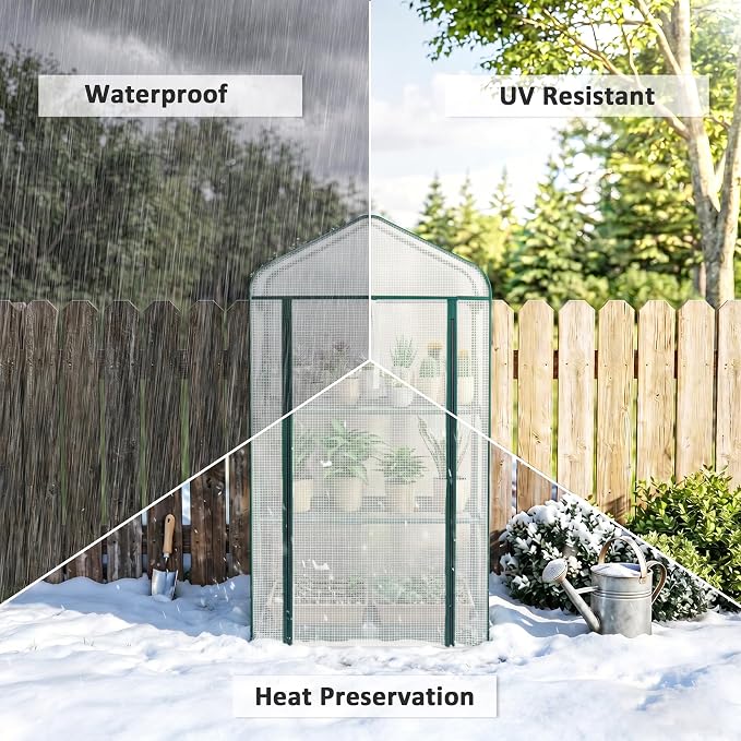 Outsunny 3 Tier Mini Greenhouse with Screen Roof, 27.6" x 19.7" x 50", Portable Small Greenhouse with High Strength PE Cover, Roll-Up Zipper Door for Garden Yard Backyard, White