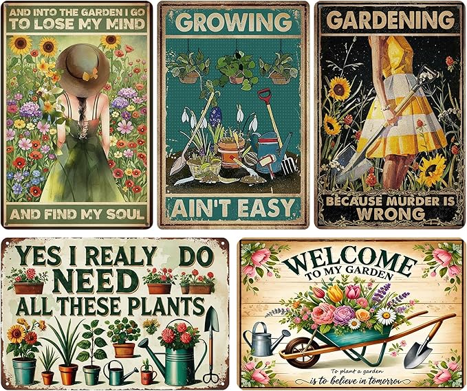 Vintage Metal Sign, Metal Wall Art, Funny Bar Signs, Motivational Positive Affirmations Wall Decor, Funny Tin Signs for Home Office School Gym & Locker Room 8x12 Inch (5Pcs Funny Metal Garden Sign)