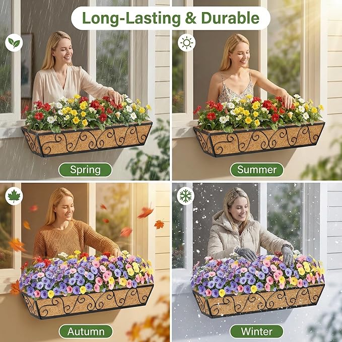 Y&M 4Pcs 30'' Large Railing Planter Boxes with Coco Liner, Outdoor Hanging Window Flower Boxes for Deck, Fence, Porch, and Patio